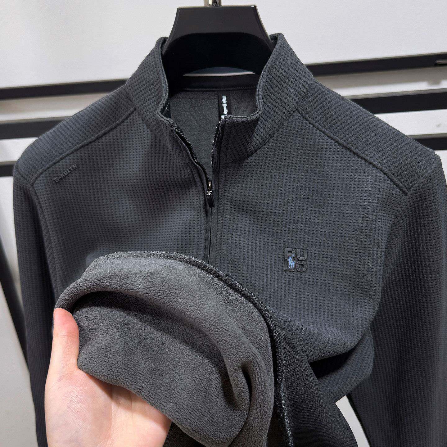 Mostarsea~一体绒华夫格卫衣男士拉链半高领打底秋冬加绒加厚上衣