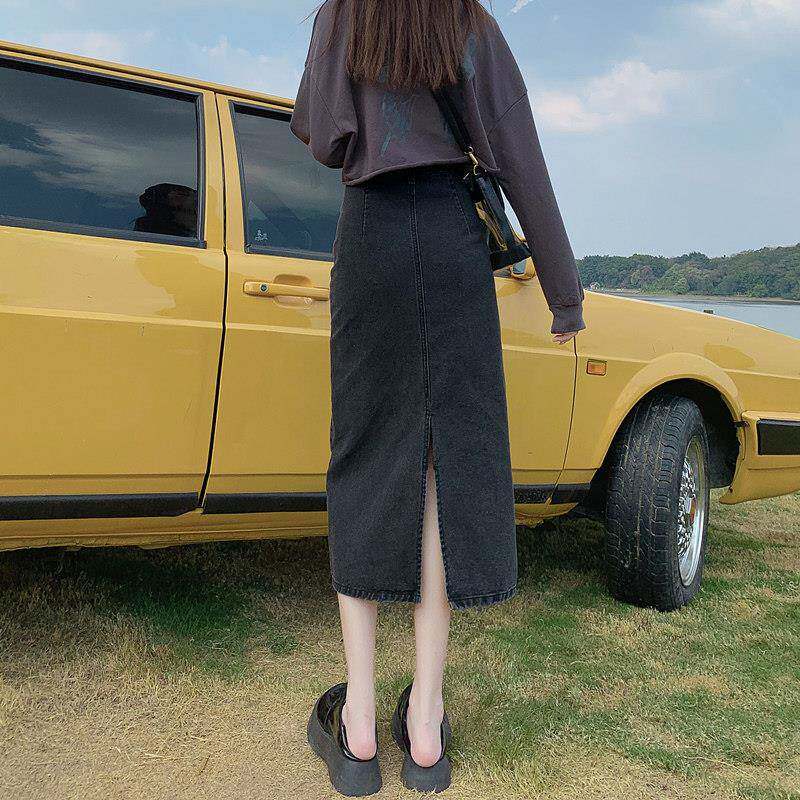 高腰牛仔半身裙女ins潮夏季2026新款黑色中长款a字开叉包臀裙子女
