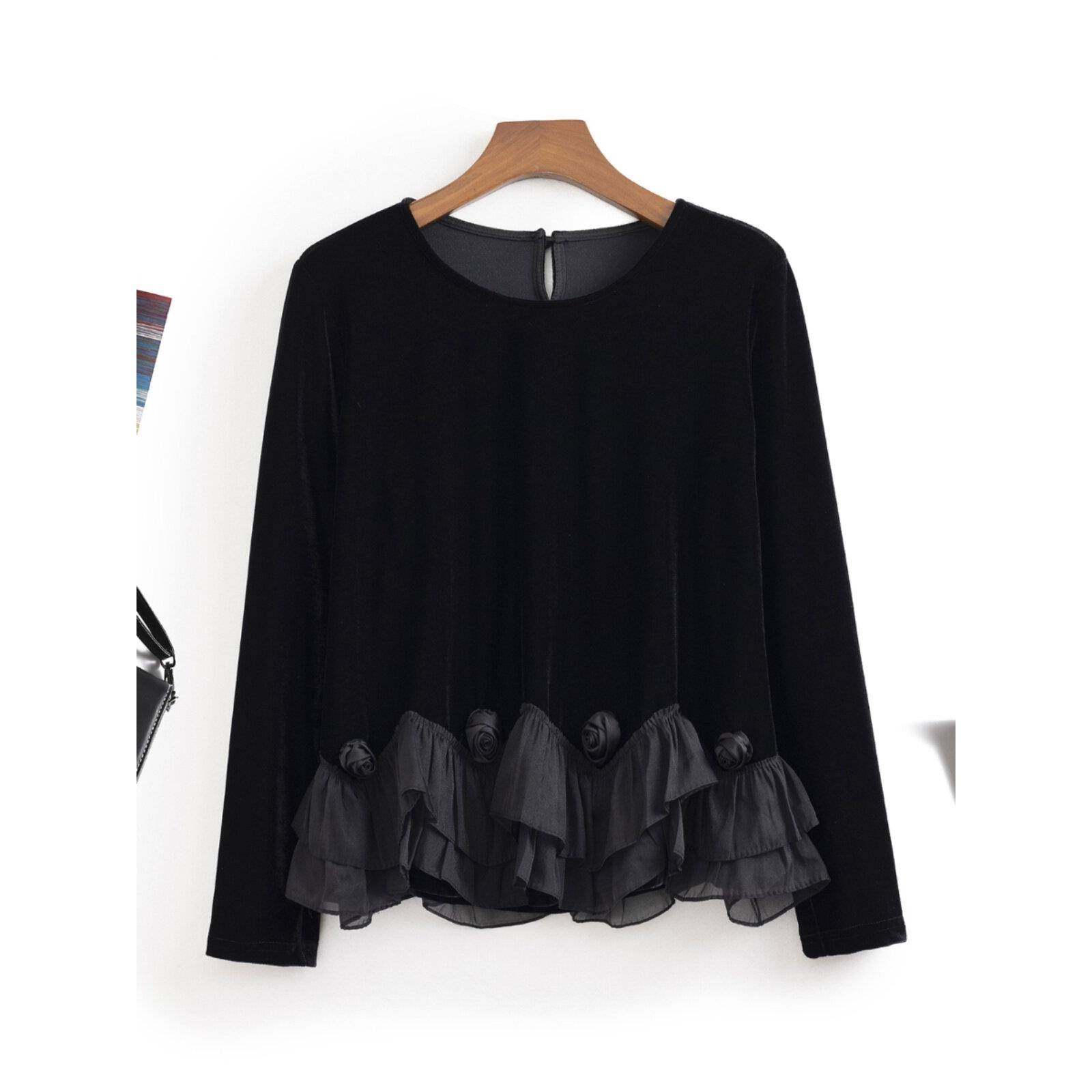 高端妈妈装秋冬新款法式小香风花朵荷叶边丝绒小衫减龄打底上衣女