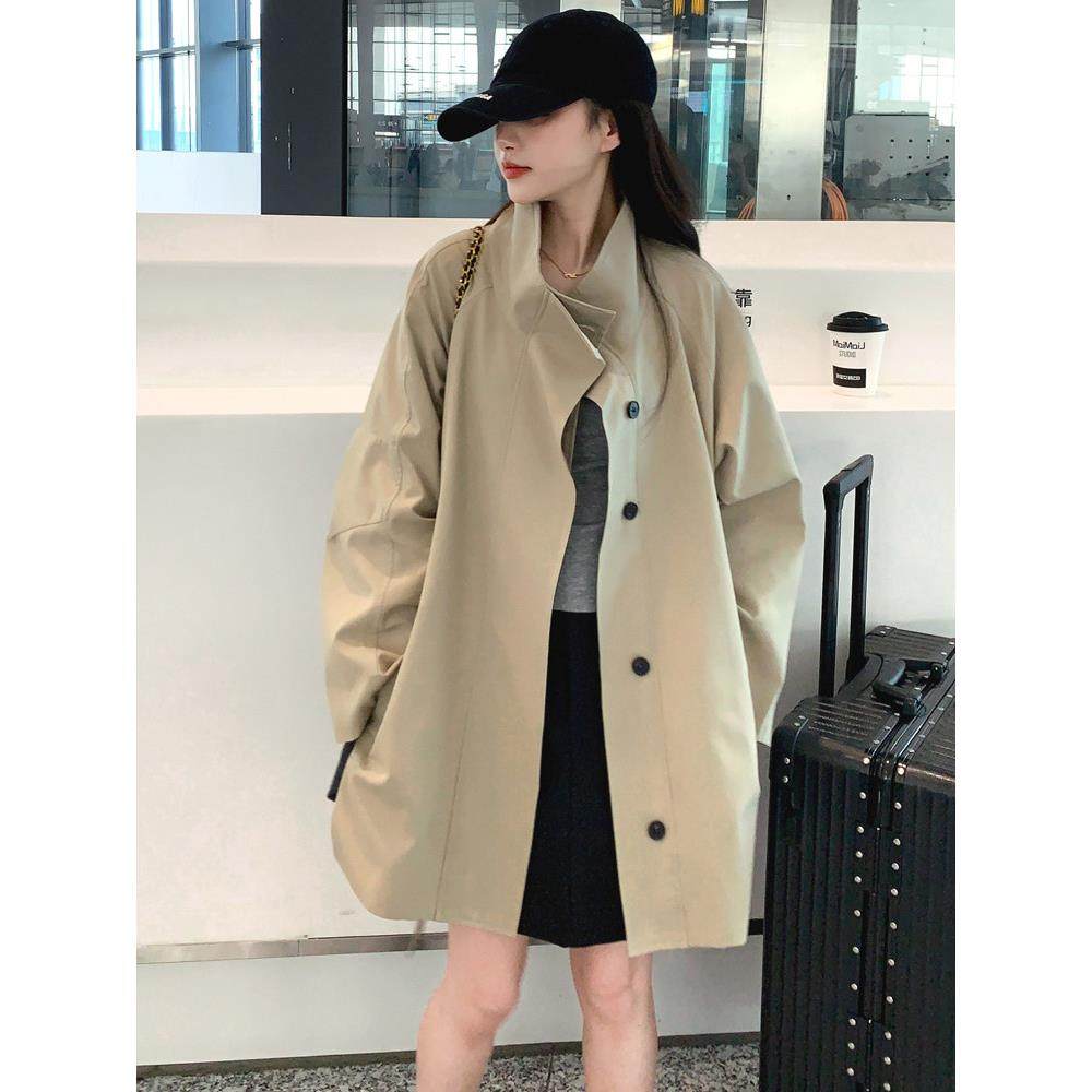 工装外套女春秋2025新款时尚英伦风立领宽松大衣高级感中长款风衣,女装/女士精品,风衣,淘宝优惠券,粉丝福利购,淘宝优惠卷