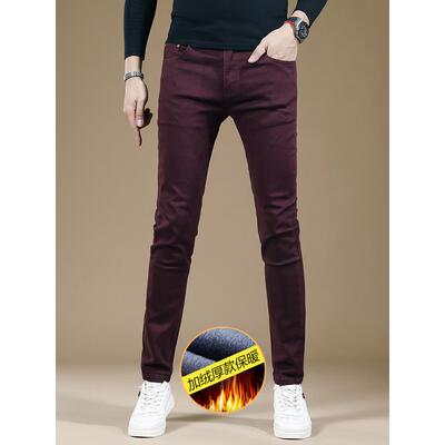 香港酒红色牛仔裤男冬季加绒加厚裤子休闲裤弹力修身小脚男士长裤