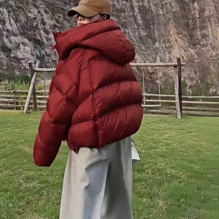 正品2024冬泡芙龟背安哥拉红短款羽绒服女90白鸭绒连帽面包服外套