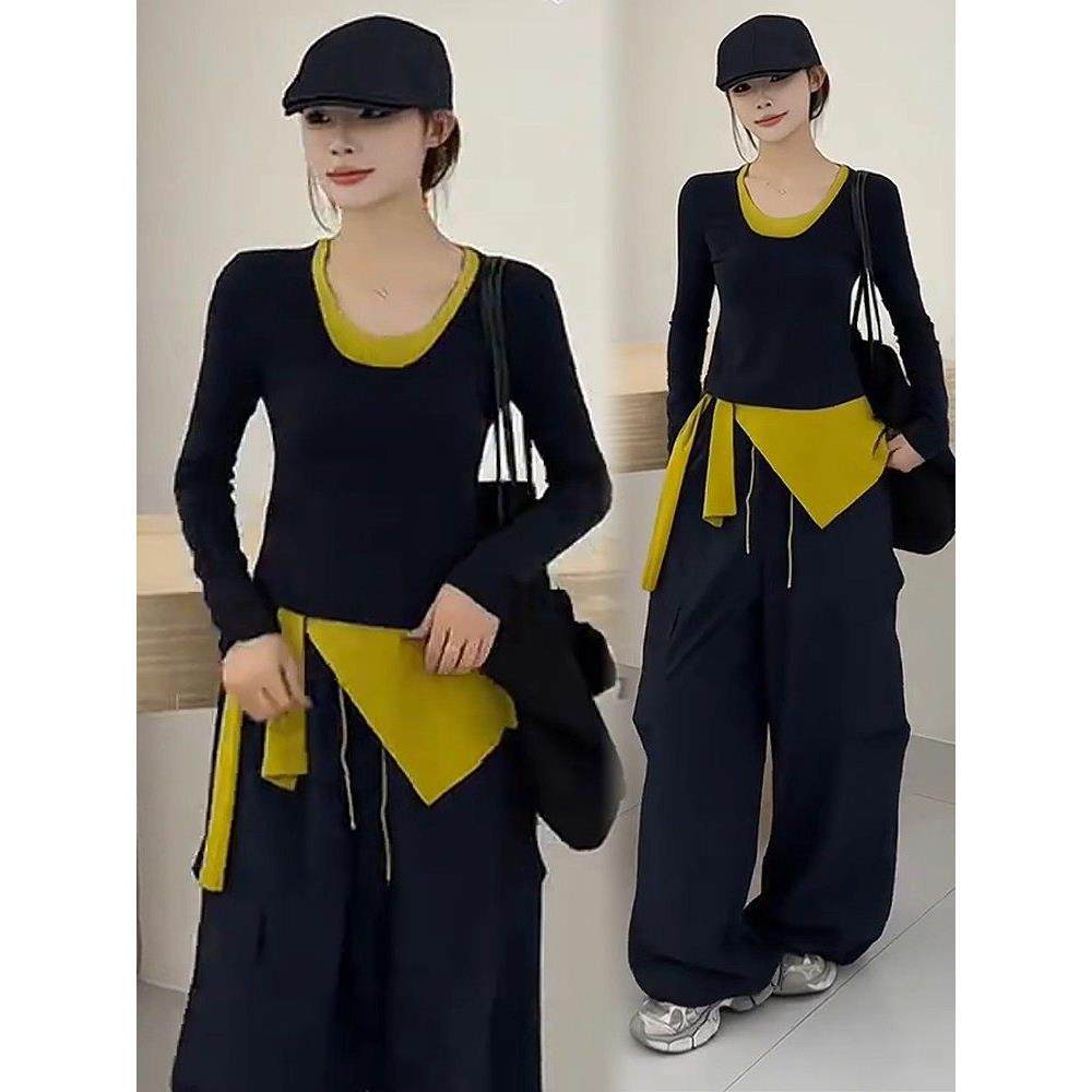 香港代购时尚休闲套装女秋季新款显瘦假两件长袖上衣阔腿裤两件套