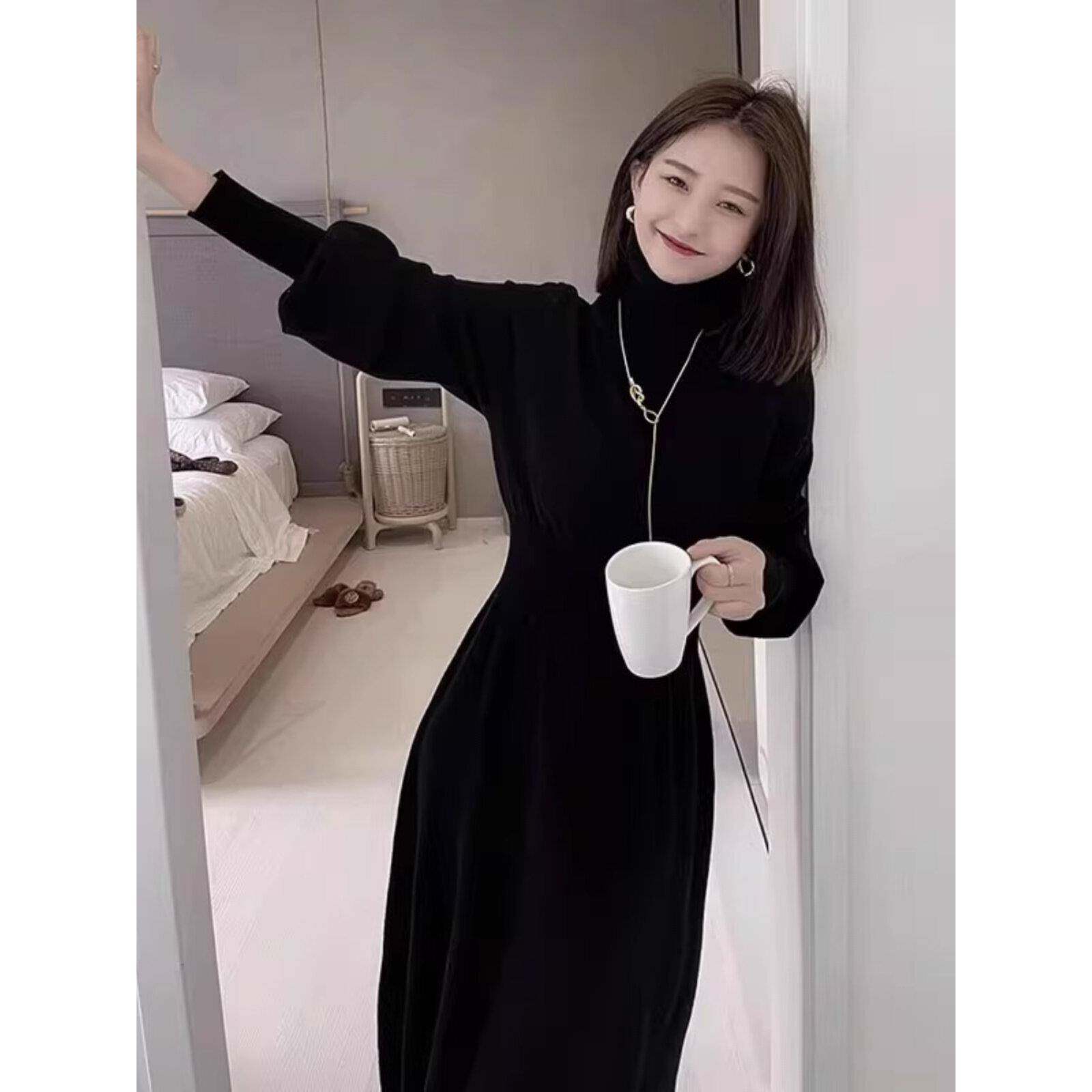 欧洲站秋季2024新款女装长款高领毛衣裙黑色赫本风气质针织连衣裙