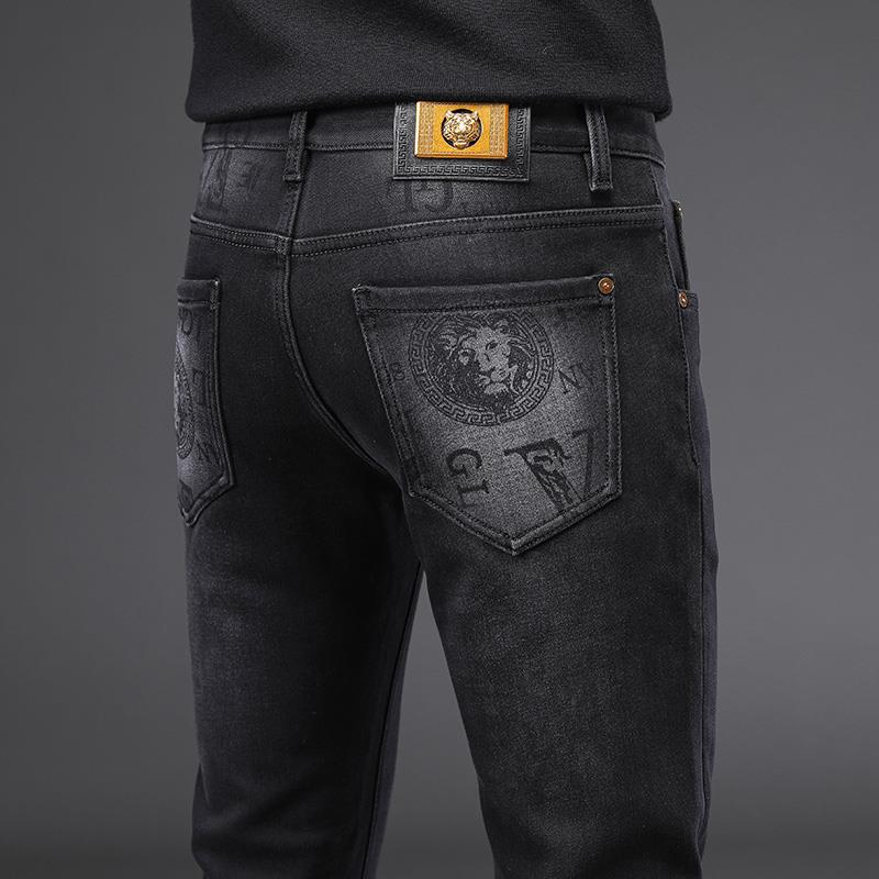 香港黑色九分牛仔裤男秋冬款修身小脚弹力加绒加厚长裤子2024新款