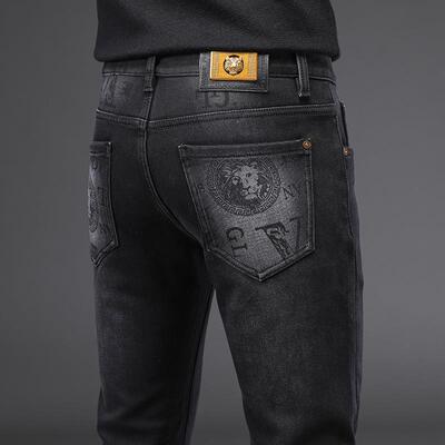 香港黑色九分牛仔裤男秋冬款修身小脚弹力加绒加厚长裤子2024新款