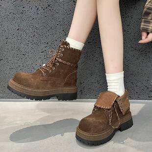 两穿翻领内增高女靴秋冬2025新款头层牛皮马丁靴英伦厚底时尚短靴