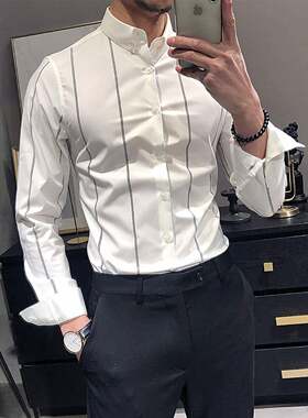 条纹衬衫男长袖修身商务正装韩版潮流帅气高端男士白色衬衣休闲潮