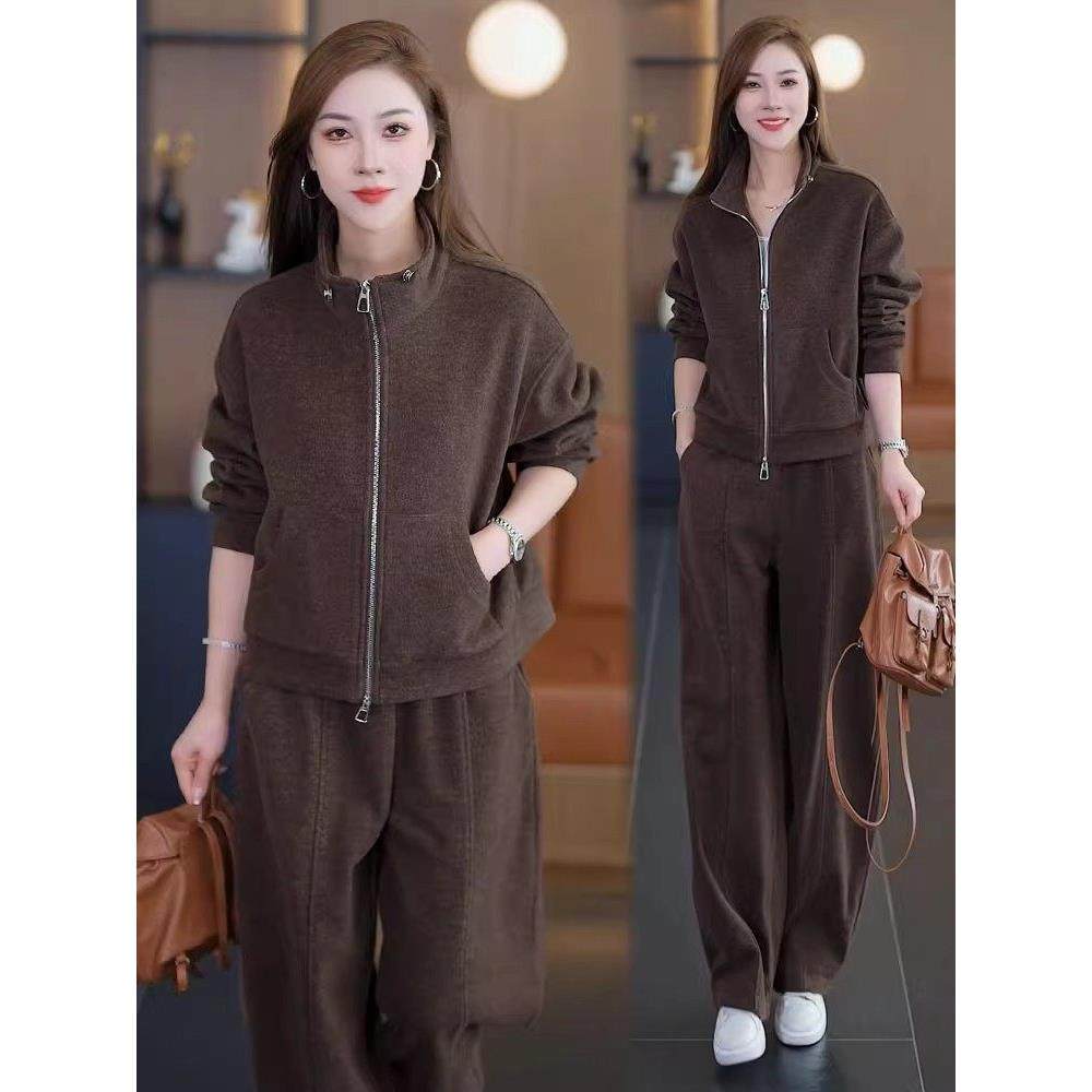 香港代购时尚休闲套装女秋季新款时髦开衫短外套阔腿裤加厚两件套