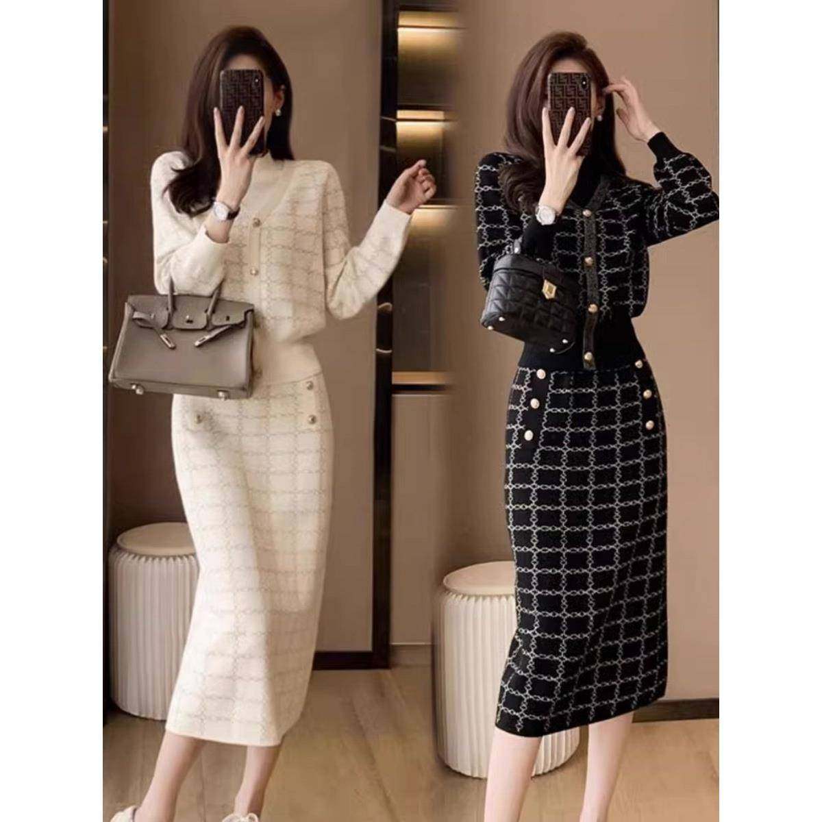 欧洲站秋季2024新款女装名媛裙子高级感毛衣套装针织连衣裙两件套