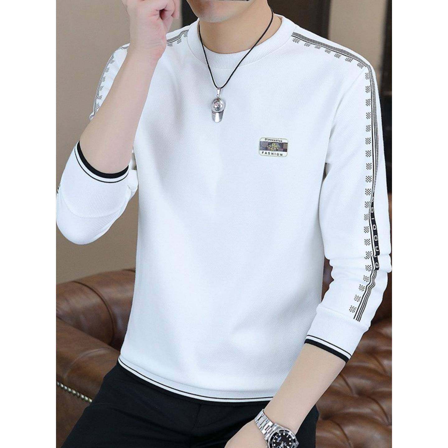 高端印花长袖t恤男春秋季新款潮流薄款男士圆领套头条纹修身卫衣