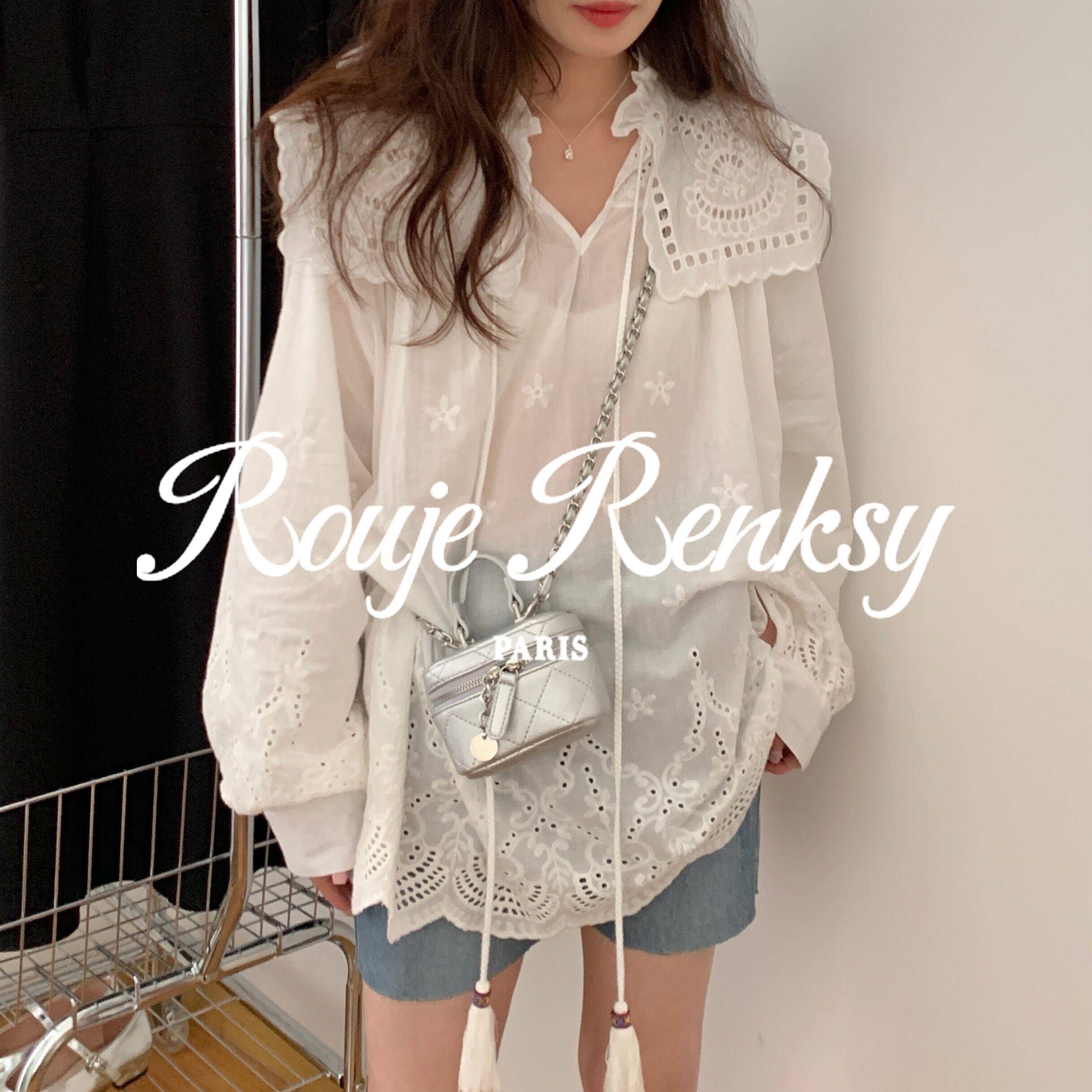 法国Rouje Renksy法式设计感娃娃领镂空刺绣白色衬衫女简约百搭