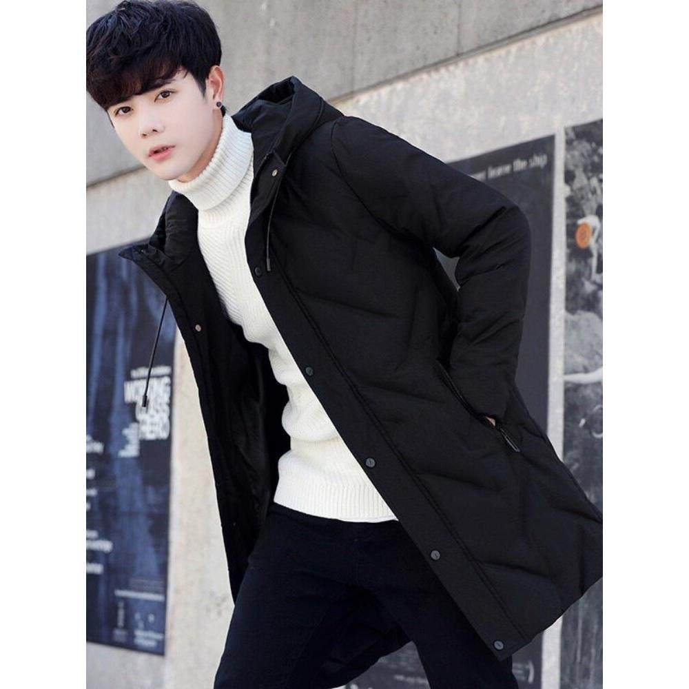 连帽羽绒服男中长款2024新款冬季修身男士高端轻薄保暖白鸭绒外套