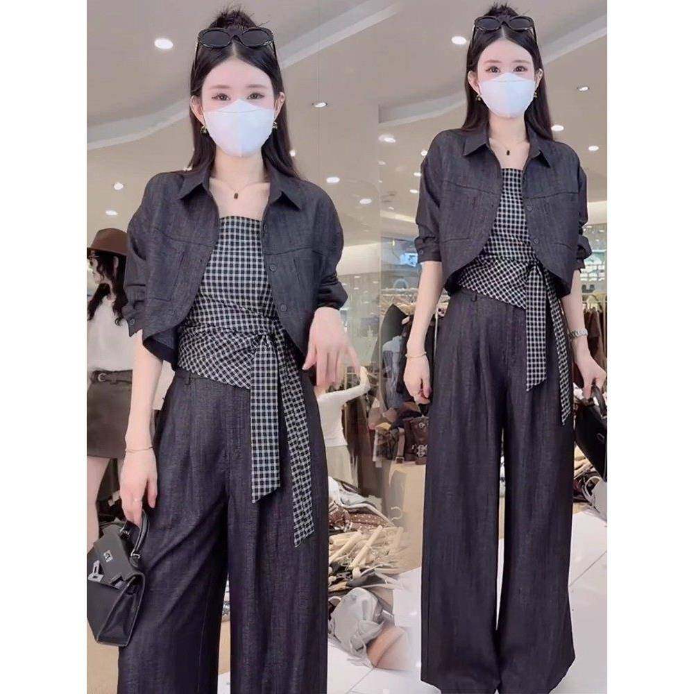 香港代购时尚套装女秋季新款显瘦牛仔短外套格子吊带阔腿裤三件套