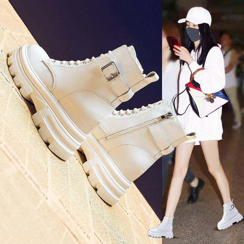 韩国内增高马丁靴女英伦风2025秋冬新款米白色小个子真皮厚底短靴