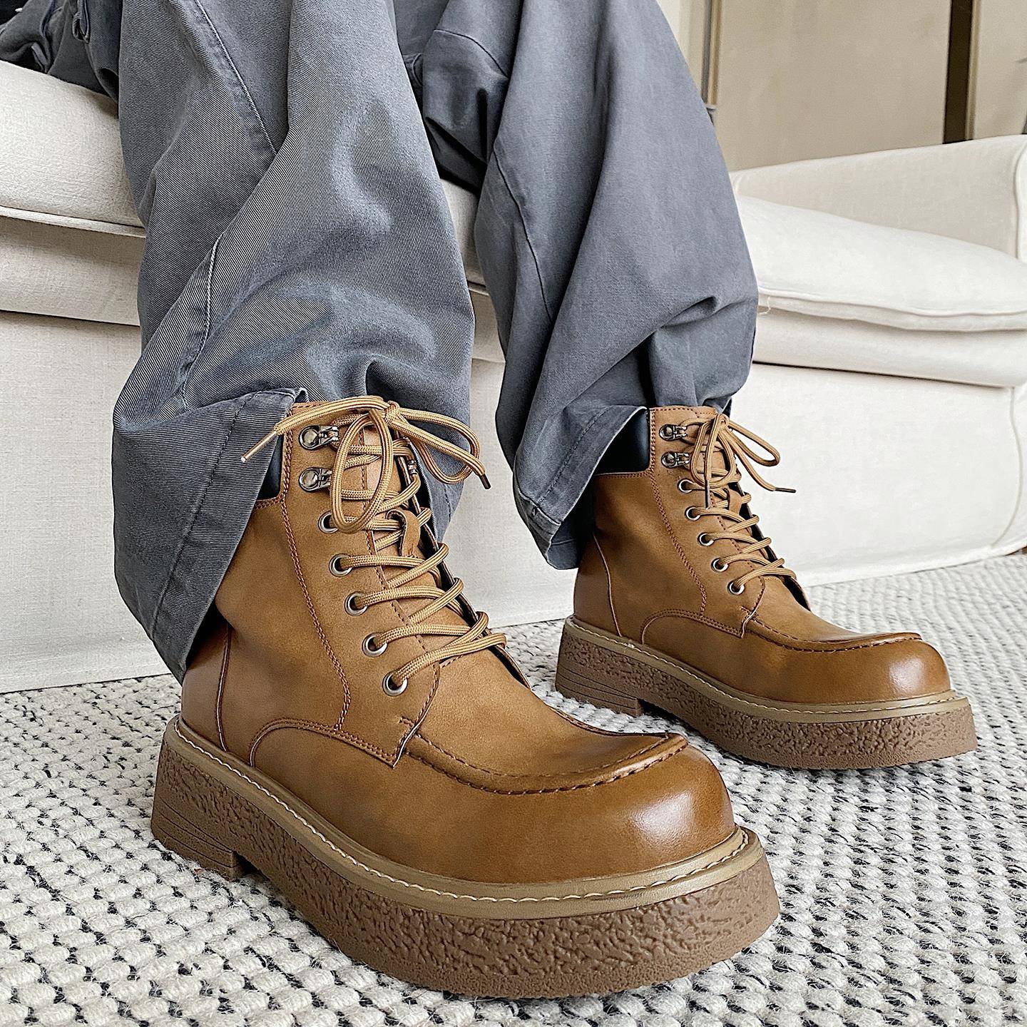 潮牌2025秋冬季新款耐磨大黄靴男鞋工装英伦风马丁靴高帮休闲皮鞋