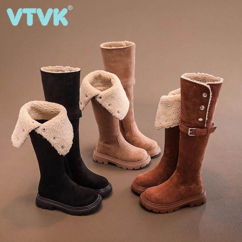 VTVK女童长筒靴秋冬款2025新款女孩雪地高筒靴宝宝加绒过膝马丁靴