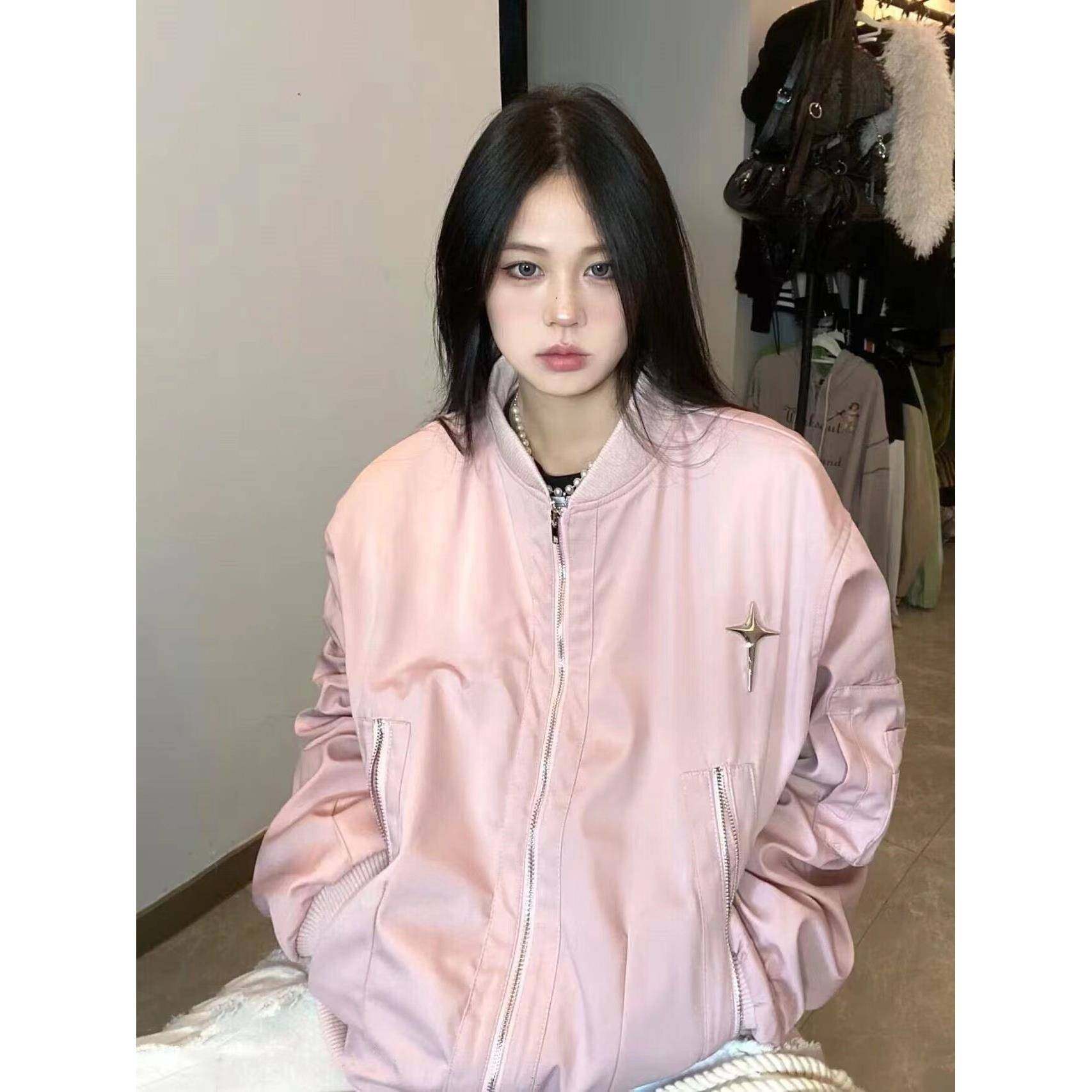 韩国覆古飞行员棒球服外套女春秋新款小众时尚高级感粉色夹克上衣