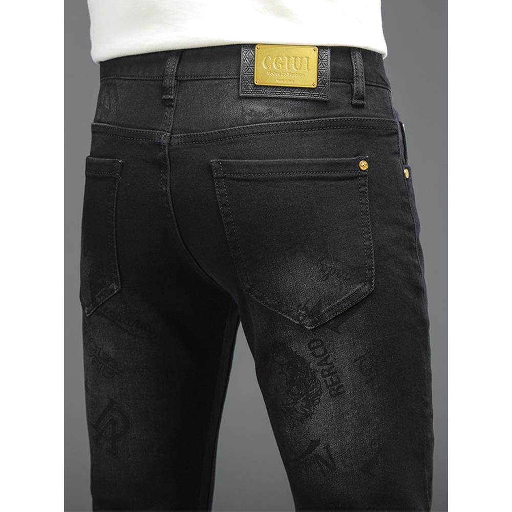 香港印花黑色牛仔裤男秋冬款修身直筒弹力2025新款加绒加厚长裤子