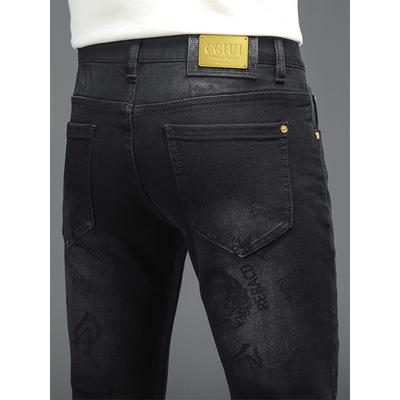 香港印花黑色牛仔裤男秋冬款修身直筒弹力2025新款加绒加厚长裤子