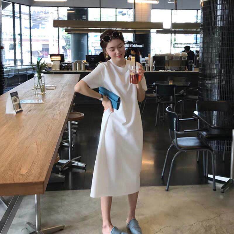 洋装女夏季2026新款宽松显瘦中长版a字裙子直筒纯棉短袖T恤长裙