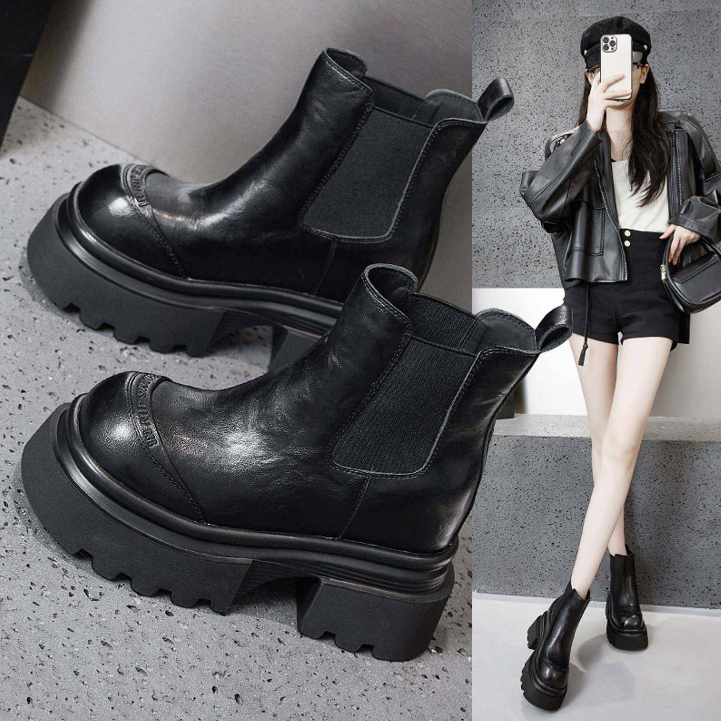 香港英伦风厚底内增高马丁靴女鞋2026新款切尔西短靴小个子烟筒靴