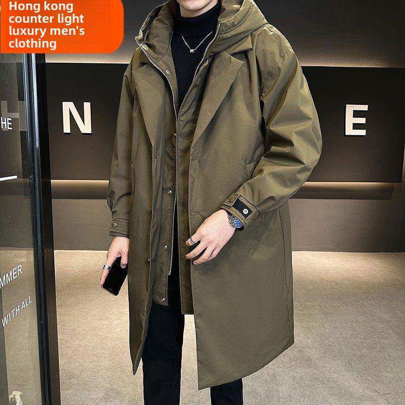 羽绒服男冬季中长款2025新款连帽加厚保暖假两件韩版风衣保暖外套