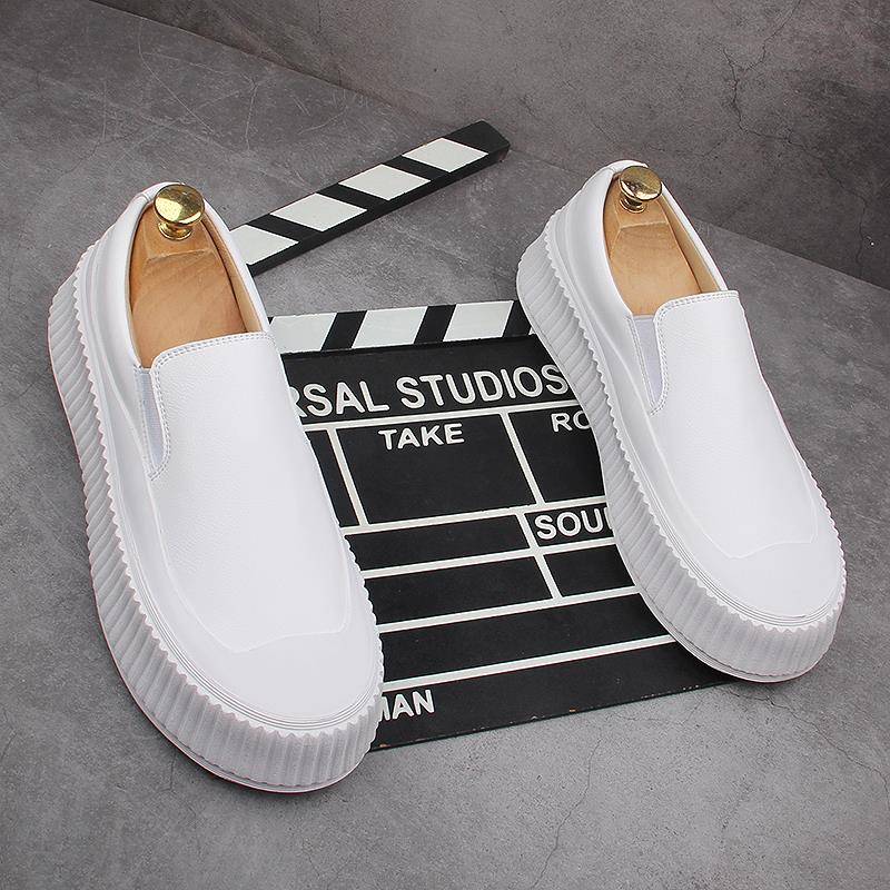 乐福鞋男真皮韩版百搭休闲防臭白色皮鞋男增高一脚蹬厚底小白鞋男