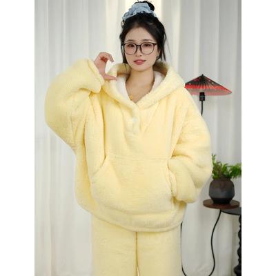 韩版奶油风连帽套头卫衣款睡衣女秋冬小个子可外穿加绒加厚家居服