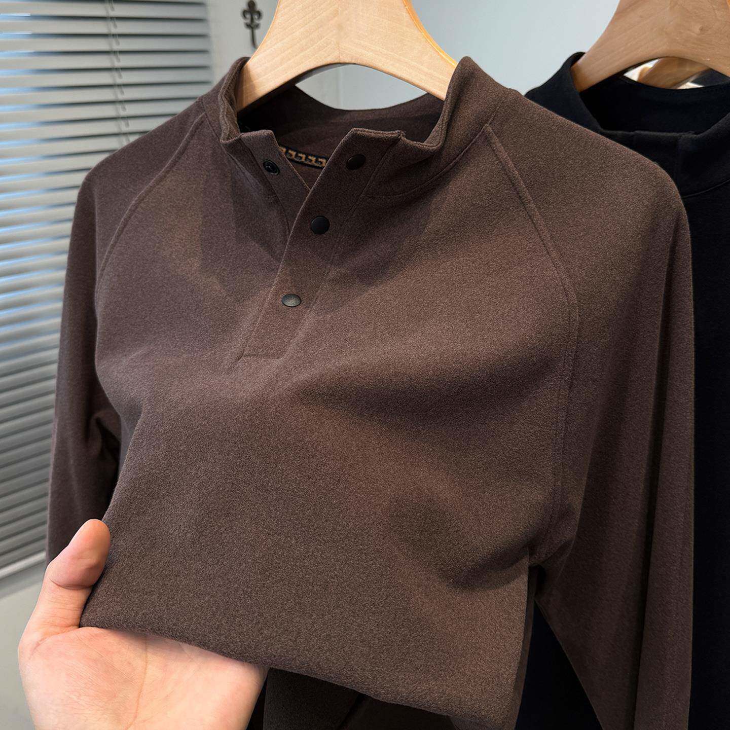 Mostarsea~磨毛德绒暗扣体恤男秋冬半高领青年打底衫内搭长袖上衣