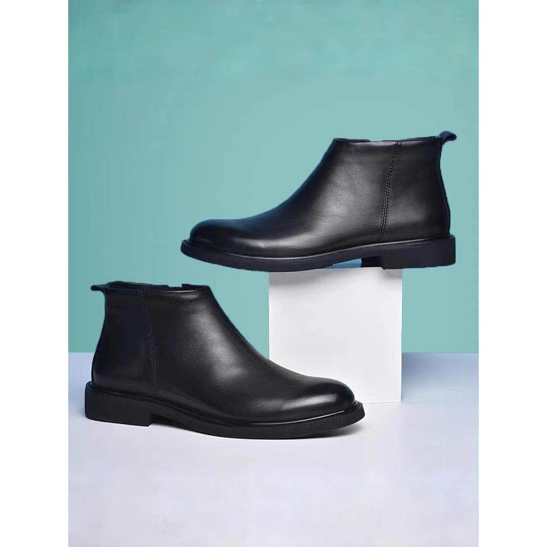 冬季保暖加绒切尔西靴男黑色真皮高帮休闲皮鞋百搭厚底套筒马丁靴