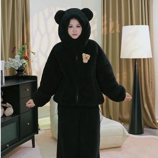 零下20度可外穿三层复合加绒睡衣女冬季巨厚实保暖小熊连帽家居服