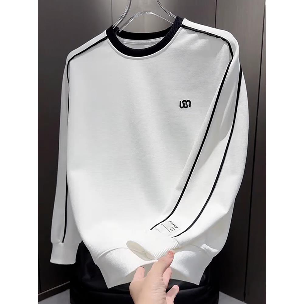 MAROLIO~彰显时尚气息！韩版休闲圆领卫衣男潮流刺绣拼接套头上衣