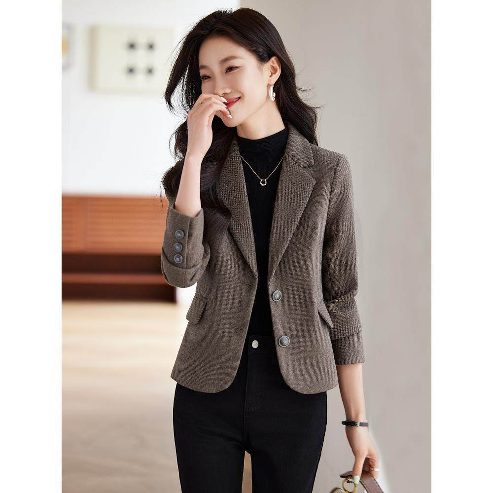 咖色毛呢西装外套女小个子2025新款秋冬加厚修身复古女士西服上衣