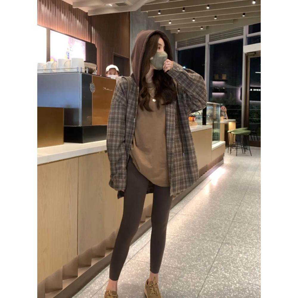 港味连帽格子衬衫女春秋新款韩版宽松覆古时尚中长款长袖上衣外套