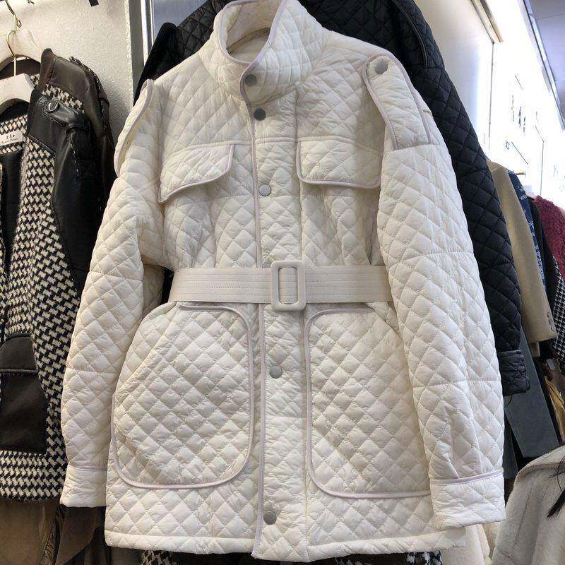 欧洲站2025秋冬新款轻薄羽绒棉衣女中长款收腰格子棉服立领外套潮