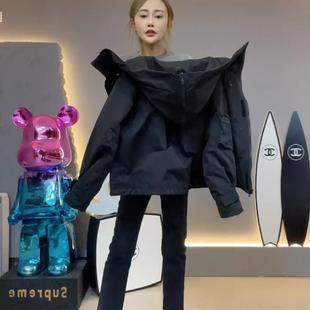 黑色帅气冲锋衣外套女短款秋冬夹棉二棉女装风衣休闲工装夹克上衣