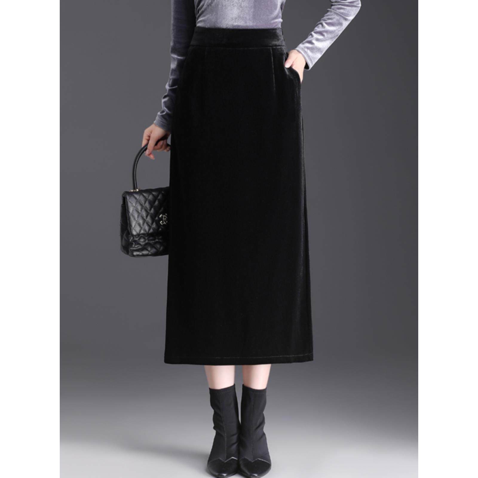 金丝绒半裙女2025春秋新款小个子高端直筒包臀裙大码半身裙一步裙