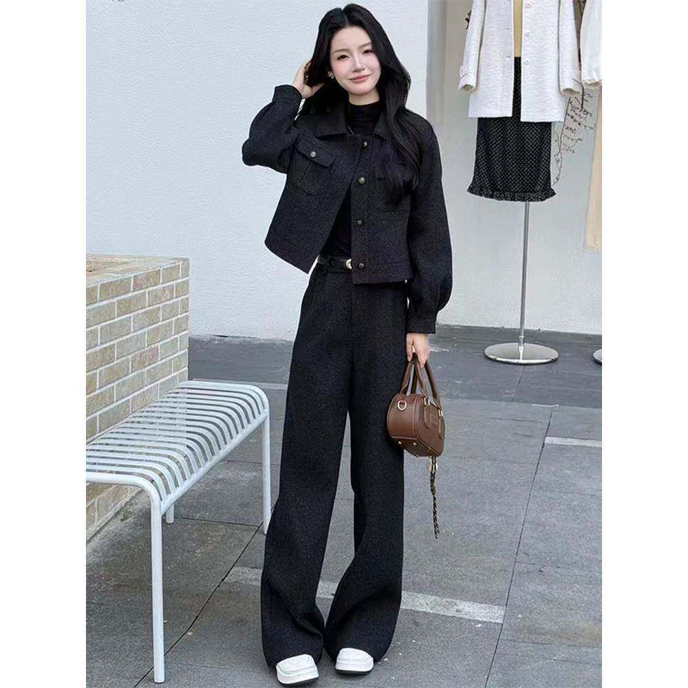 香港代购时尚套装女秋冬新款洋气翻领夹棉毛呢短外套阔腿裤两件套