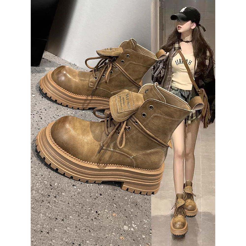 覆古厚底马丁靴女秋季新款真皮舒适工装大黄靴英伦风时尚机车短靴