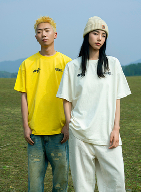 Makemore短袖T恤男黄色印花纯棉重磅美式复古宽松休闲情侣半袖女