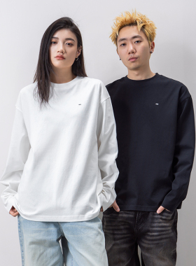 Makemore长袖t恤男新款*mini小小标白色纯棉高级宽松情侣装上衣