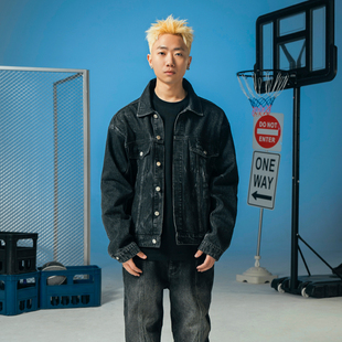 Makemore牛仔外套男重磅水洗复古压线美式 街头宽松休闲黑色夹克女