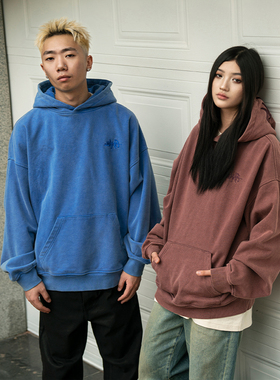 Makemore卫衣男春季新款重磅水洗刺绣蓝色美式纯棉情侣长袖上衣女