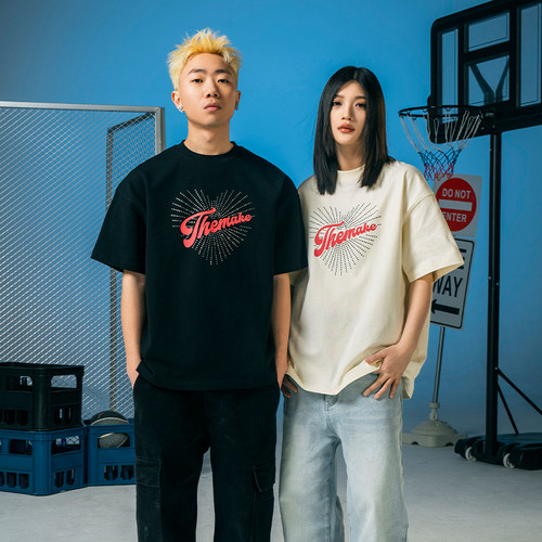 Makemore烫钻美式情侣爱心短袖T