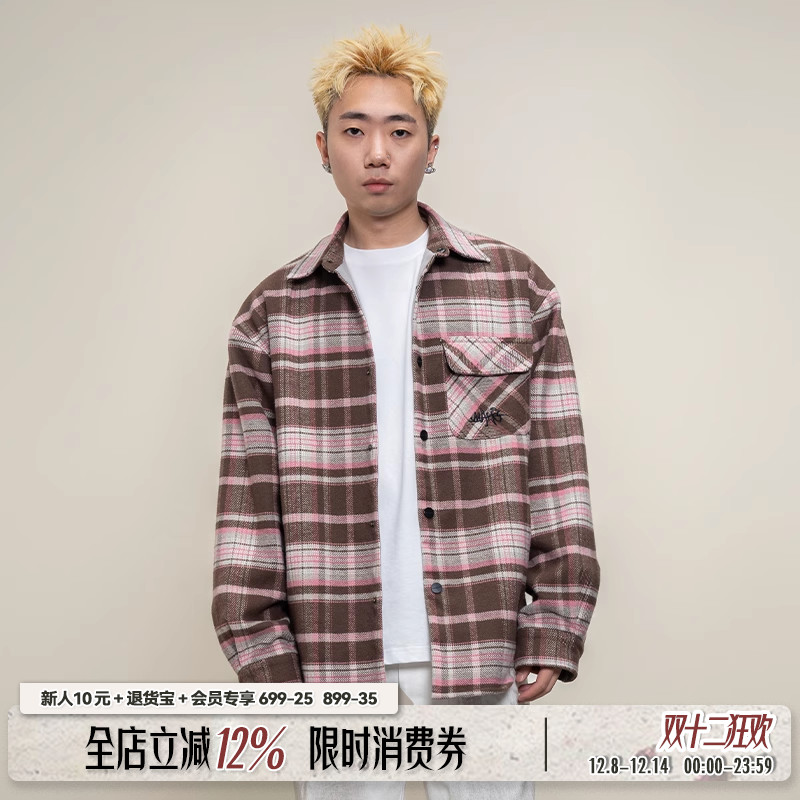 Makemore新款重磅复古格子衬衫男