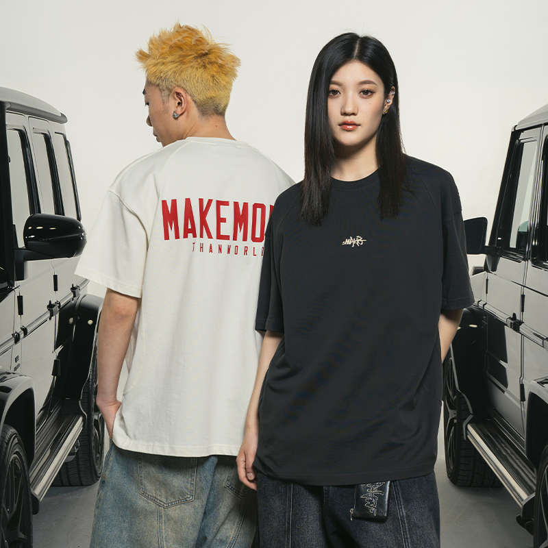 Makemore美式插肩撞色情侣短袖男
