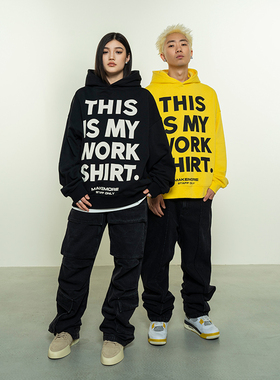 Makemore卫衣男秋季WORK黄色美式慵懒休闲情侣黑色长袖连帽上衣女