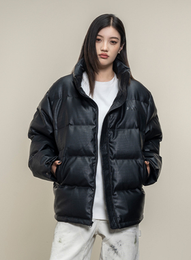 Makemore黑色羽绒服仿鳄鱼纹皮质感pu重磅超高充绒美式复古外套男