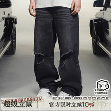 Makemore牛仔裤男夏季新款美式破洞黑色复古直筒水洗高级休闲长裤